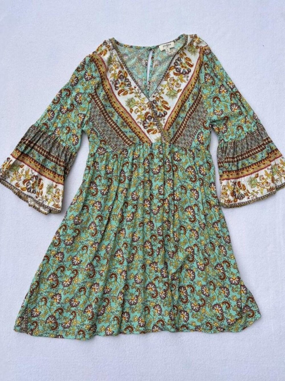 Umgee USA Mint Green Floral Bell Sleeve Dress Sz M Boho Bohemian Summer Spring